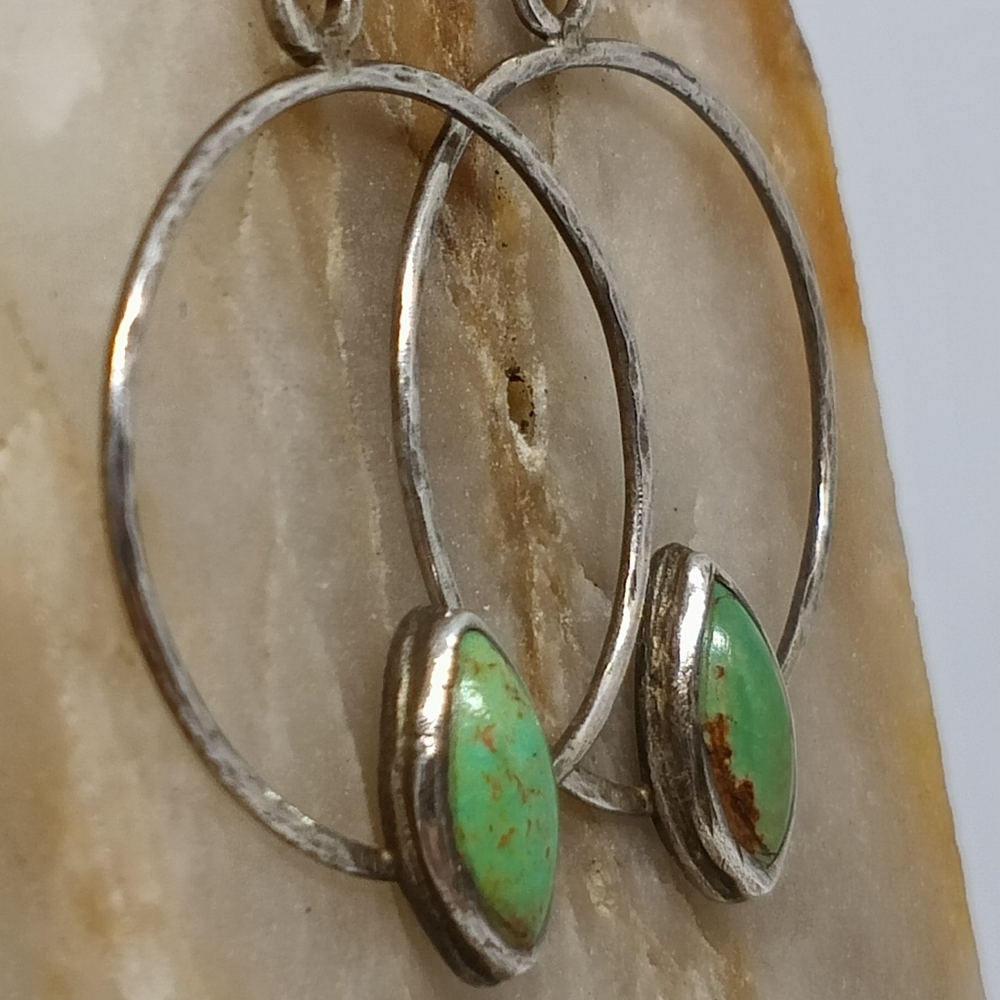 Handmade Natural Turquoise Sterling Earrings .925 Turquoise Hoops x kalyjwls - Picture 4 of 5